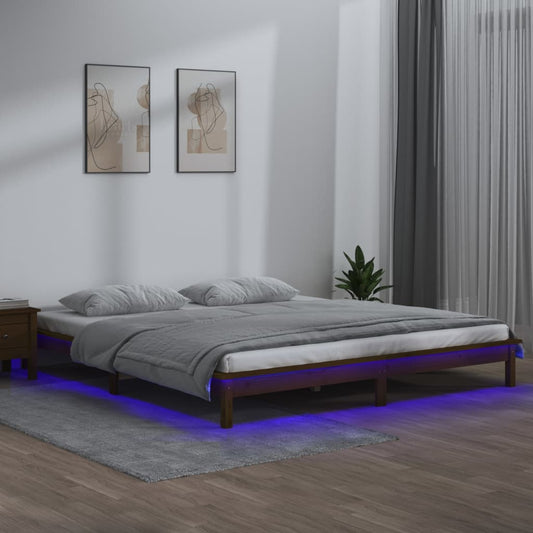 LED Bed Frame Honey Brown 150x200 cm King Size Solid Wood - Beds & Bed Frames