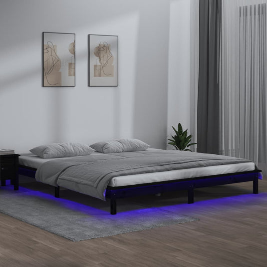 LED Bed Frame Black 150x200 cm King Size Solid Wood - Beds & Bed Frames