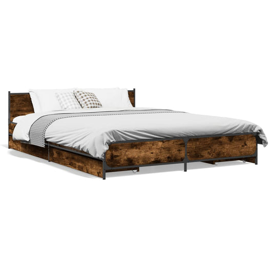 Bed Frame with Drawers Smoked Oak 140x200 cm Engineered Wood - Beds & Bed Frames